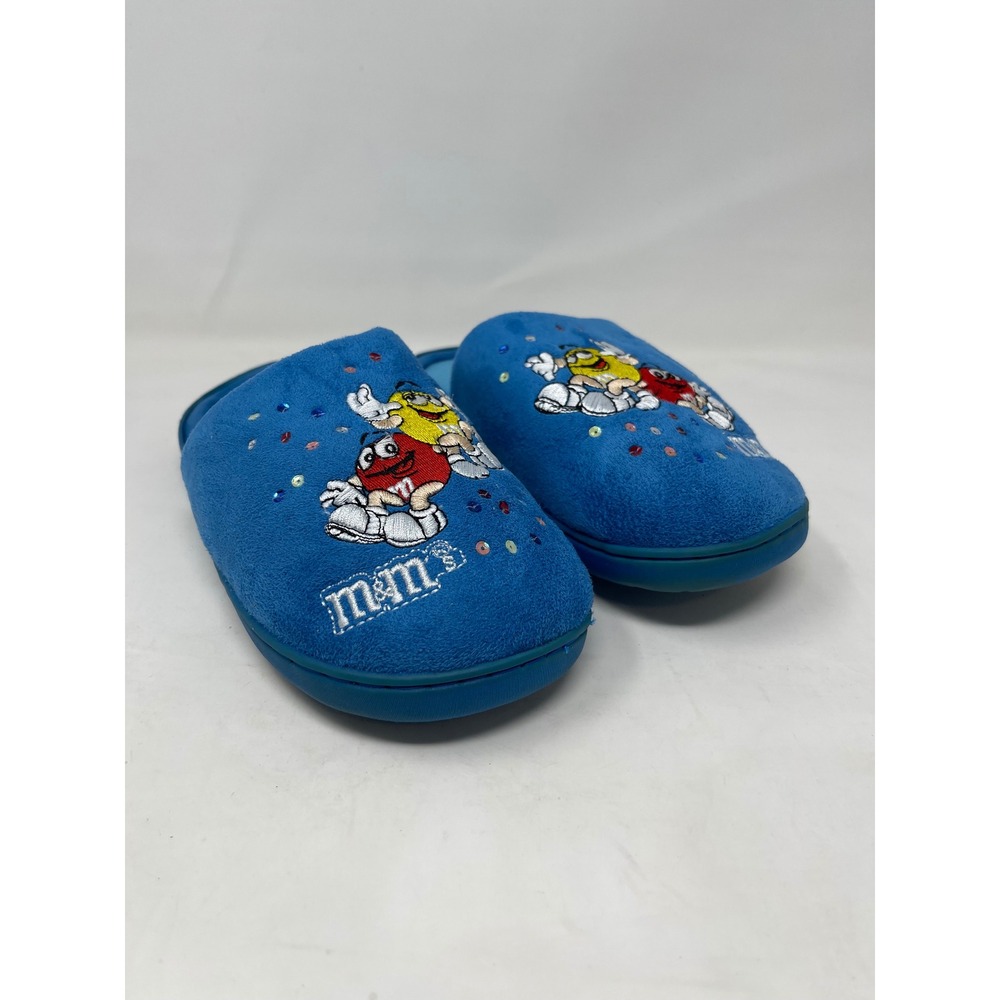 M&M's Character Embroidered Sequin Blue Slippers Womens Size 8 Scuff‎ Slides